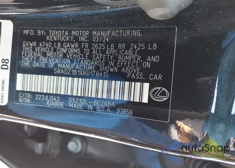 2024 Lexus Es 350 from USA, damaged, VIN 58ADZ1B1XRU178415